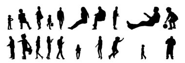 Vektör siluetleri, insanların ana hatları, Contour çizimleri, insanların siluetleri, ikon kümesi izole edilmiş, oturan insanların silueti, mimari set