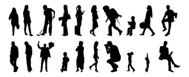 Vektör siluetleri, insanların ana hatları, Contour çizimleri, insanların siluetleri, ikon kümesi izole edilmiş, oturan insanların silueti, mimari set