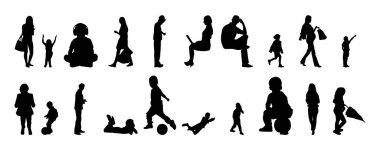 Vektör siluetleri, insanların ana hatları, Contour çizimleri, insanların siluetleri, ikon kümesi izole edilmiş, oturan insanların silueti, mimari set