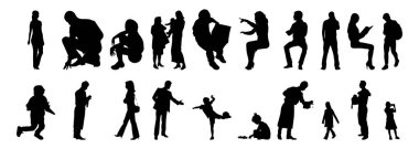 Vektör siluetleri, insanların ana hatları, Contour çizimleri, insanların siluetleri, ikon kümesi izole edilmiş, oturan insanların silueti, mimari set