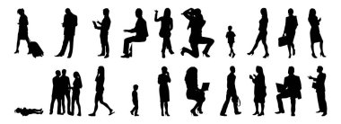 Vektör siluetleri, insanların ana hatları, Contour çizimleri, insanların siluetleri, ikon kümesi izole edilmiş, oturan insanların silueti, mimari set