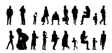 Vektör siluetleri, insanların ana hatları, Contour çizimleri, insanların siluetleri, ikon kümesi izole edilmiş, oturan insanların silueti, mimari set