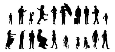 Vektör siluetleri, insanların ana hatları, Contour çizimleri, insanların siluetleri, ikon kümesi izole edilmiş, oturan insanların silueti, mimari set