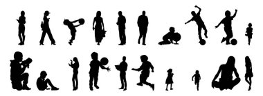 Vektör siluetleri, insanların ana hatları, Contour çizimleri, insanların siluetleri, ikon kümesi izole edilmiş, oturan insanların silueti, mimari set