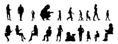 Vektör siluetleri, insanların ana hatları, Contour çizimleri, insanların siluetleri, ikon kümesi izole edilmiş, oturan insanların silueti, mimari set