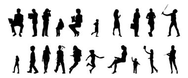 Vektör siluetleri, insanların ana hatları, Contour çizimleri, insanların siluetleri, ikon kümesi izole edilmiş, oturan insanların silueti, mimari set