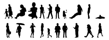 Vektör siluetleri, insanların ana hatları, Contour çizimleri, insanların siluetleri, ikon kümesi izole edilmiş, oturan insanların silueti, mimari set