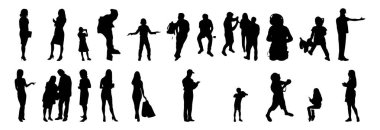 Vektör siluetleri, insanların ana hatları, Contour çizimleri, insanların siluetleri, ikon kümesi izole edilmiş, oturan insanların silueti, mimari set