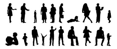 Vektör siluetleri, insanların ana hatları, Contour çizimleri, insanların siluetleri, ikon kümesi izole edilmiş, oturan insanların silueti, mimari set