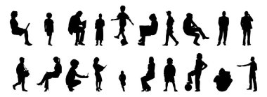 Vektör siluetleri, insanların ana hatları, Contour çizimleri, insanların siluetleri, ikon kümesi izole edilmiş, oturan insanların silueti, mimari set