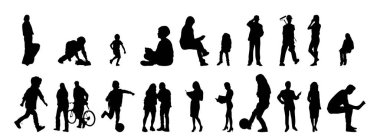 Vektör siluetleri, insanların ana hatları, Contour çizimleri, insanların siluetleri, ikon kümesi izole edilmiş, oturan insanların silueti, mimari set