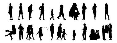 Vektör siluetleri, insanların ana hatları, Contour çizimleri, insanların siluetleri, ikon kümesi izole edilmiş, oturan insanların silueti, mimari set