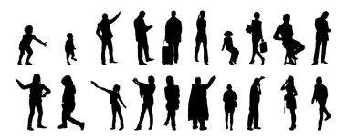 Vektör siluetleri, insanların ana hatları, Contour çizimleri, insanların siluetleri, ikon kümesi izole edilmiş, oturan insanların silueti, mimari set