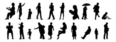 Vektör siluetleri, insanların ana hatları, Contour çizimleri, insanların siluetleri, ikon kümesi izole edilmiş, oturan insanların silueti, mimari set