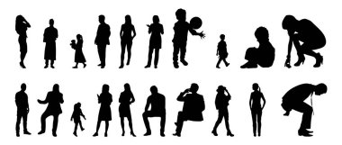 Vektör siluetleri, insanların ana hatları, Contour çizimleri, insanların siluetleri, ikon kümesi izole edilmiş, oturan insanların silueti, mimari set
