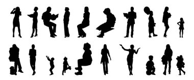 Vektör siluetleri, insanların ana hatları, Contour çizimleri, insanların siluetleri, ikon kümesi izole edilmiş, oturan insanların silueti, mimari set