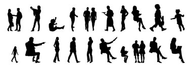 Vektör siluetleri, insanların ana hatları, Contour çizimleri, insanların siluetleri, ikon kümesi izole edilmiş, oturan insanların silueti, mimari set