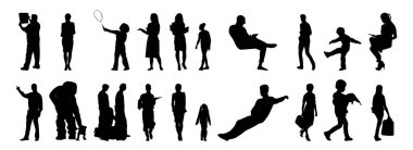 Vektör siluetleri, insanların ana hatları, Contour çizimleri, insanların siluetleri, ikon kümesi izole edilmiş, oturan insanların silueti, mimari set