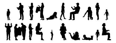 Vektör siluetleri, insanların ana hatları, Contour çizimleri, insanların siluetleri, ikon kümesi izole edilmiş, oturan insanların silueti, mimari set