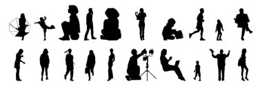 Vektör siluetleri, insanların ana hatları, Contour çizimleri, insanların siluetleri, ikon kümesi izole edilmiş, oturan insanların silueti, mimari set
