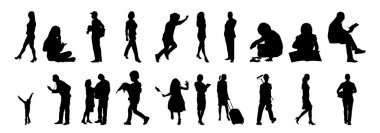 Vektör siluetleri, insanların ana hatları, Contour çizimleri, insanların siluetleri, ikon kümesi izole edilmiş, oturan insanların silueti, mimari set