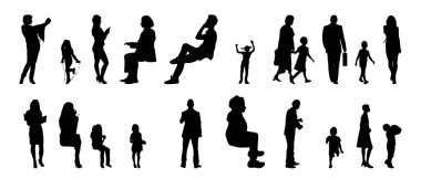 Vektör siluetleri, insanların ana hatları, Contour çizimleri, insanların siluetleri, ikon kümesi izole edilmiş, oturan insanların silueti, mimari set