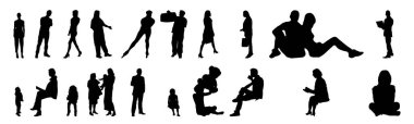 Vektör siluetleri, insanların ana hatları, Contour çizimleri, insanların siluetleri, ikon kümesi izole edilmiş, oturan insanların silueti, mimari set