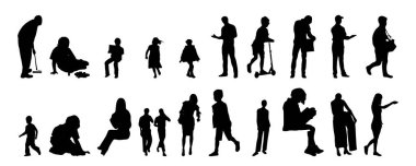 Vektör siluetleri, insanların ana hatları, Contour çizimleri, insanların siluetleri, ikon kümesi izole edilmiş, oturan insanların silueti, mimari set