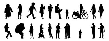 Vektör siluetleri, insanların ana hatları, Contour çizimleri, insanların siluetleri, ikon kümesi izole edilmiş, oturan insanların silueti, mimari set