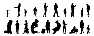 Vektör siluetleri, insanların ana hatları, Contour çizimleri, insanların siluetleri, ikon kümesi izole edilmiş, oturan insanların silueti, mimari set