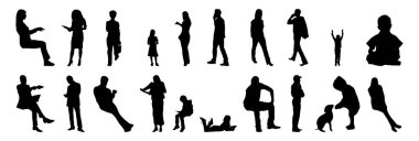 Vektör siluetleri, insanların ana hatları, Contour çizimleri, insanların siluetleri, ikon kümesi izole edilmiş, oturan insanların silueti, mimari set