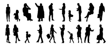 Vektör siluetleri, insanların ana hatları, Contour çizimleri, insanların siluetleri, ikon kümesi izole edilmiş, oturan insanların silueti, mimari set