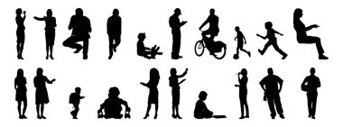 Vektör siluetleri, insanların ana hatları, Contour çizimleri, insanların siluetleri, ikon kümesi izole edilmiş, oturan insanların silueti, mimari set