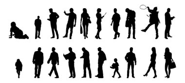 Vektör siluetleri, insanların ana hatları, Contour çizimleri, insanların siluetleri, ikon kümesi izole edilmiş, oturan insanların silueti, mimari set