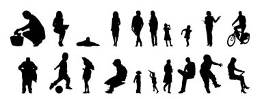 Vektör siluetleri, insanların ana hatları, Contour çizimleri, insanların siluetleri, ikon kümesi izole edilmiş, oturan insanların silueti, mimari set