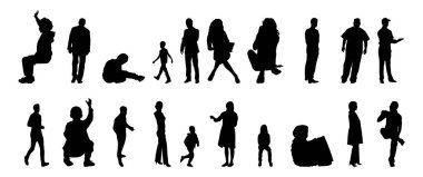 Vektör siluetleri, insanların ana hatları, Contour çizimleri, insanların siluetleri, ikon kümesi izole edilmiş, oturan insanların silueti, mimari set