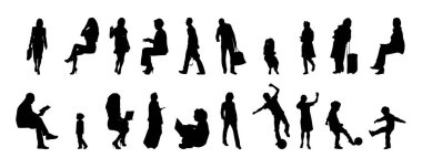 Vektör siluetleri, insanların ana hatları, Contour çizimleri, insanların siluetleri, ikon kümesi izole edilmiş, oturan insanların silueti, mimari set