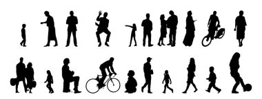 Vektör siluetleri, insanların ana hatları, Contour çizimleri, insanların siluetleri, ikon kümesi izole edilmiş, oturan insanların silueti, mimari set