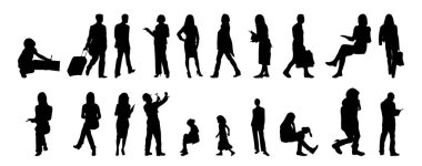Vektör siluetleri, insanların ana hatları, Contour çizimleri, insanların siluetleri, ikon kümesi izole edilmiş, oturan insanların silueti, mimari set