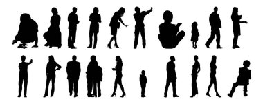 Vektör siluetleri, insanların ana hatları, Contour çizimleri, insanların siluetleri, ikon kümesi izole edilmiş, oturan insanların silueti, mimari set