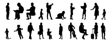 Vektör siluetleri, insanların ana hatları, Contour çizimleri, insanların siluetleri, ikon kümesi izole edilmiş, oturan insanların silueti, mimari set