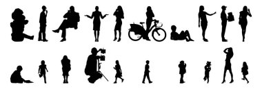 Vektör siluetleri, insanların ana hatları, Contour çizimleri, insanların siluetleri, ikon kümesi izole edilmiş, oturan insanların silueti, mimari set