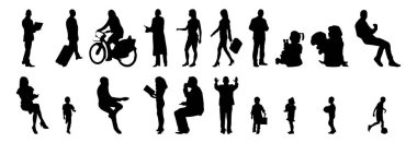 Vektör siluetleri, insanların ana hatları, Contour çizimleri, insanların siluetleri, ikon kümesi izole edilmiş, oturan insanların silueti, mimari set