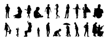 Vektör siluetleri, insanların ana hatları, Contour çizimleri, insanların siluetleri, ikon kümesi izole edilmiş, oturan insanların silueti, mimari set