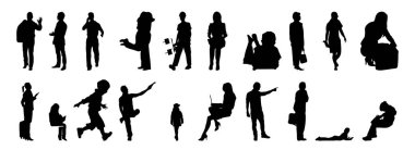 Vektör siluetleri, insanların ana hatları, Contour çizimleri, insanların siluetleri, ikon kümesi izole edilmiş, oturan insanların silueti, mimari set