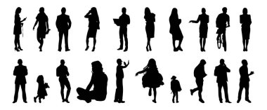Vektör siluetleri, insanların ana hatları, Contour çizimleri, insanların siluetleri, ikon kümesi izole edilmiş, oturan insanların silueti, mimari set