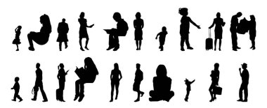 Vektör siluetleri, insanların ana hatları, Contour çizimleri, insanların siluetleri, ikon kümesi izole edilmiş, oturan insanların silueti, mimari set