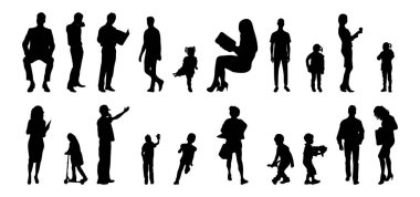 Vektör siluetleri, insanların ana hatları, Contour çizimleri, insanların siluetleri, ikon kümesi izole edilmiş, oturan insanların silueti, mimari set