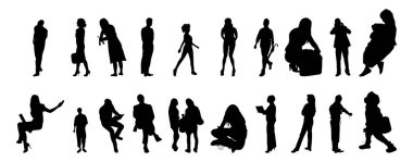 Vektör siluetleri, insanların ana hatları, Contour çizimleri, insanların siluetleri, ikon kümesi izole edilmiş, oturan insanların silueti, mimari set