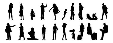 Vektör siluetleri, insanların ana hatları, Contour çizimleri, insanların siluetleri, ikon kümesi izole edilmiş, oturan insanların silueti, mimari set